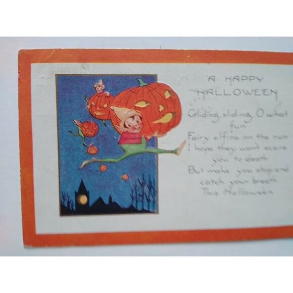 Halloween Postcard Whitney Running Fairy Gnome Elf Brownie 1923 Boston Fantasy - Picture 5 of 5